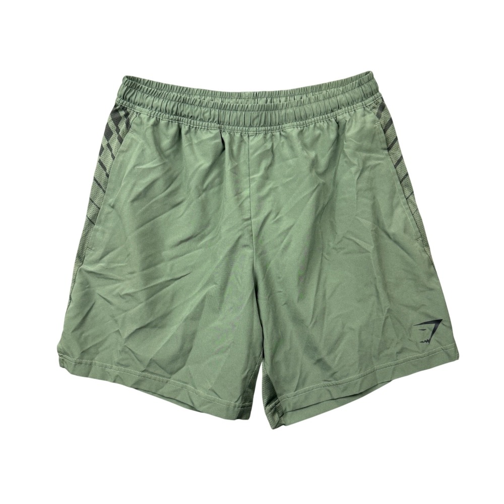 Gymshark Mens Small Sport Shorts Olive Green Mesh Side Panels Zipper Pockets Gym
